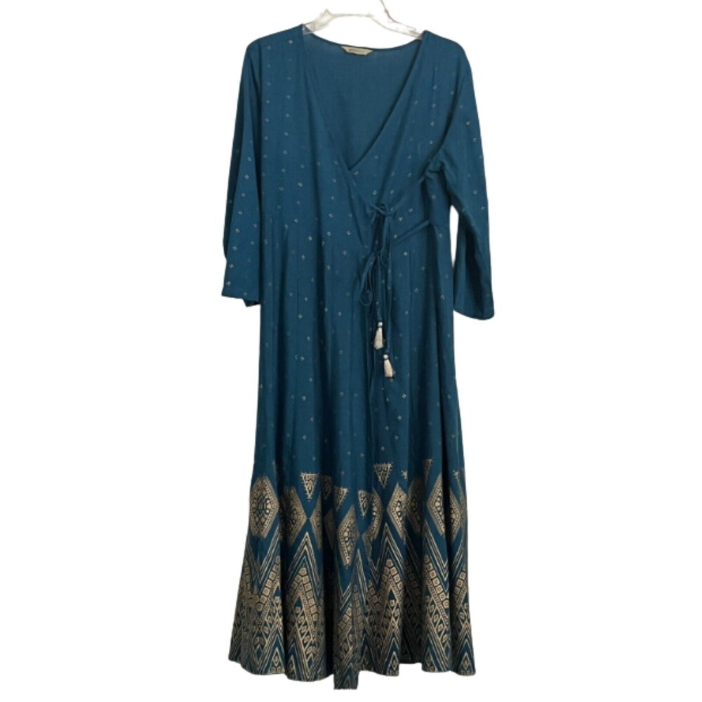 Global Desi Full Wrap Maxi Dress Ethnic Print Lima Cotton Flax
